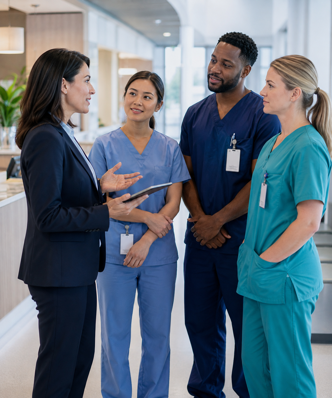 Healthcare facility representative discussing staffing requirements with healthcare professionals.