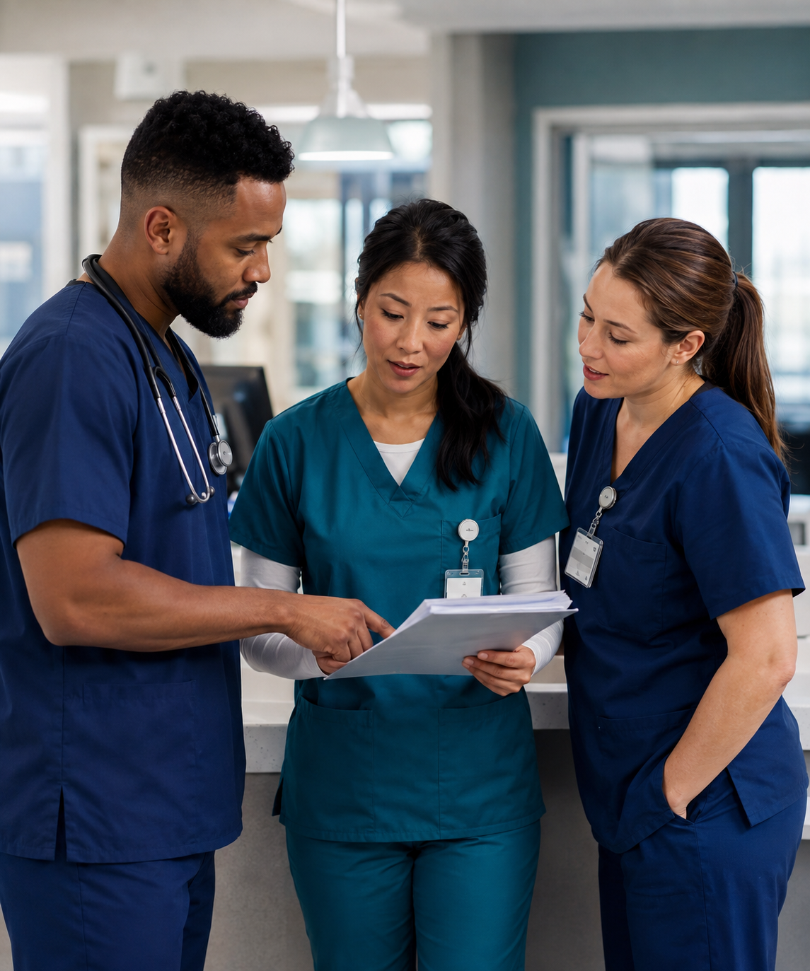 Healthcare professionals coordinating staffing communication in a clinical environment.