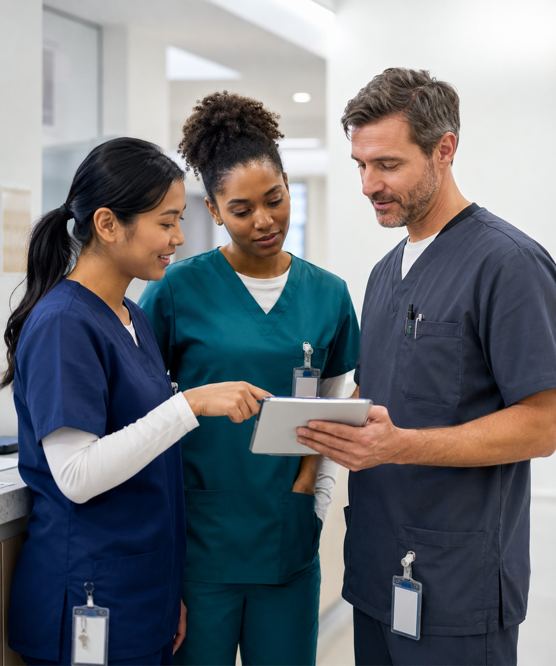 Healthcare professionals communicating together in a modern care environment.