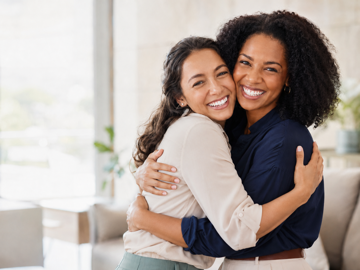 Two friends smiling and embracing as they support one another.