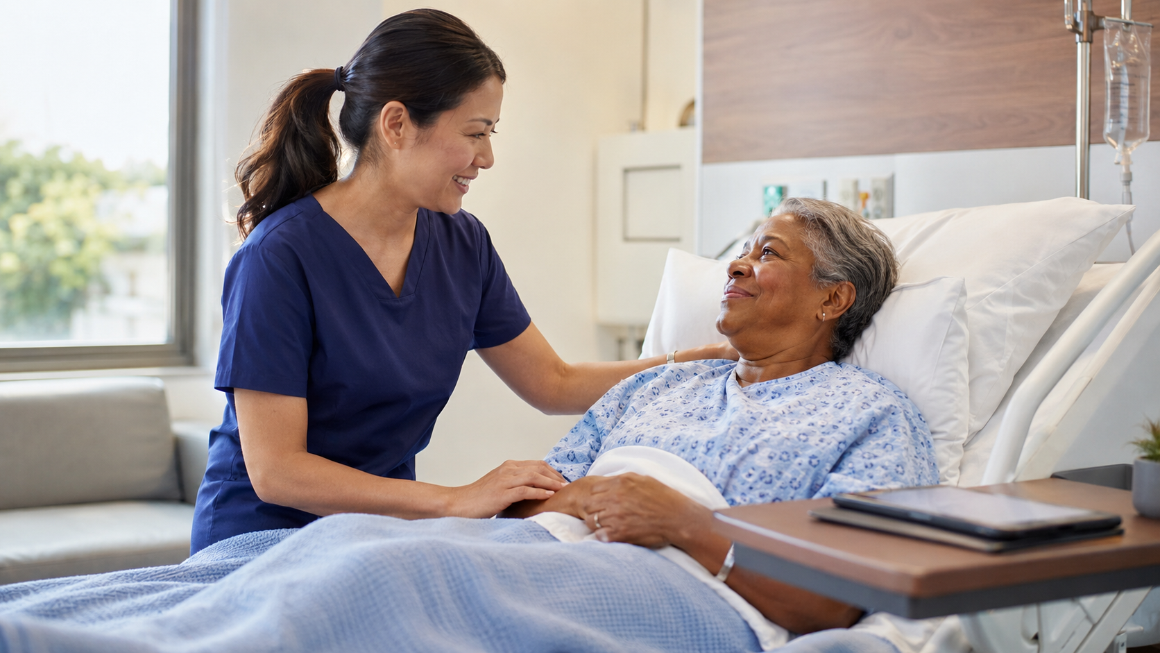 Healthcare staffing coordinator speaking with a nurse in a bright clinical setting