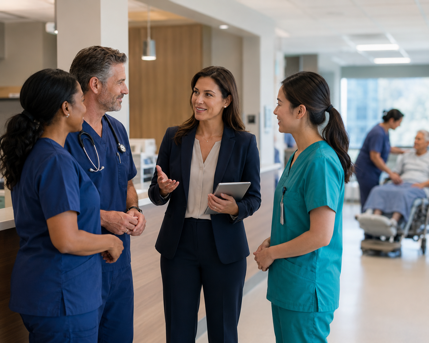 Healthcare organization representative discussing staffing needs with healthcare professionals.