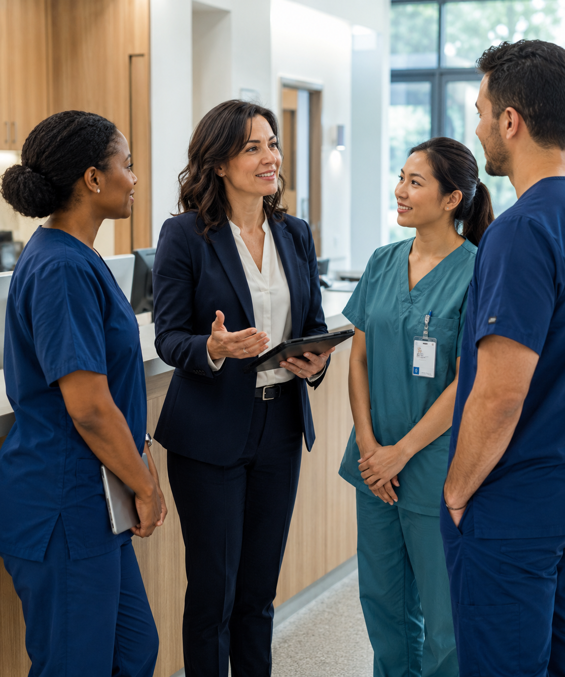 Healthcare staffing coordinator speaking with healthcare professionals in a modern care environment.