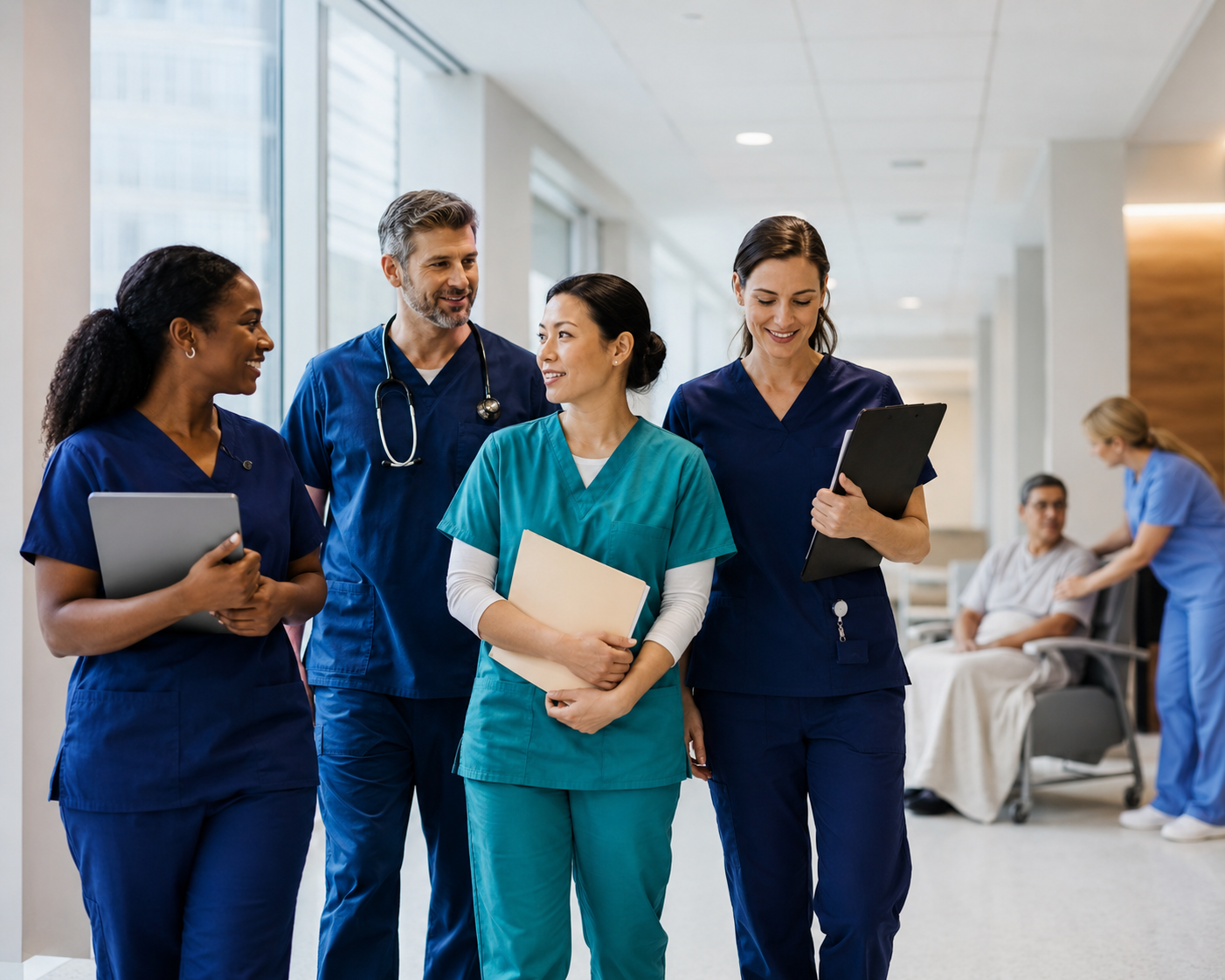Diverse healthcare professionals standing together in a modern healthcare environment.